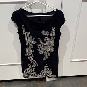 INC International Concepts Black and Cream Floral Top